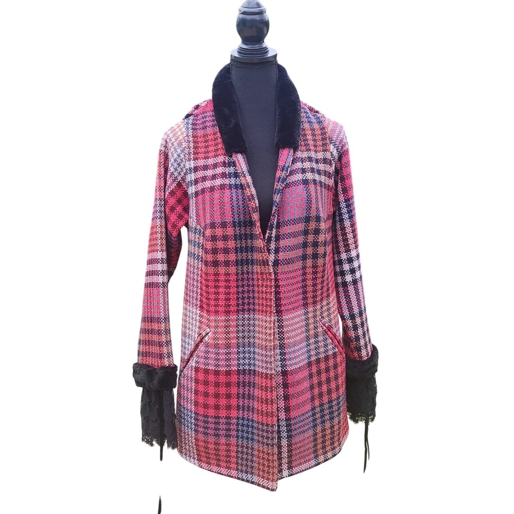 VTG Pink Plaid Tweed Coat Women Black Faux Fur Collar Lace Cuffs UPCYCLED medium